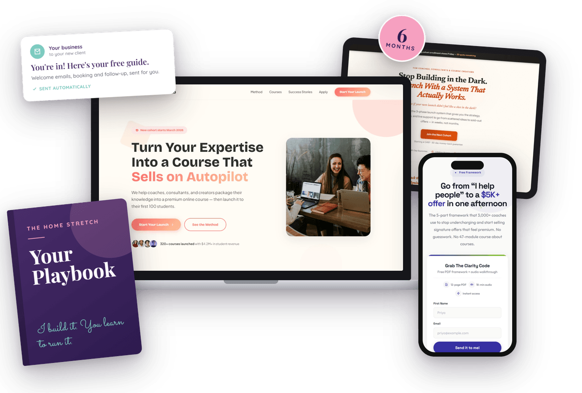 The Home Stretch: funnel pages, a course sales page and an opt-in on laptop, tablet and phone, with a playbook and an automatic welcome email